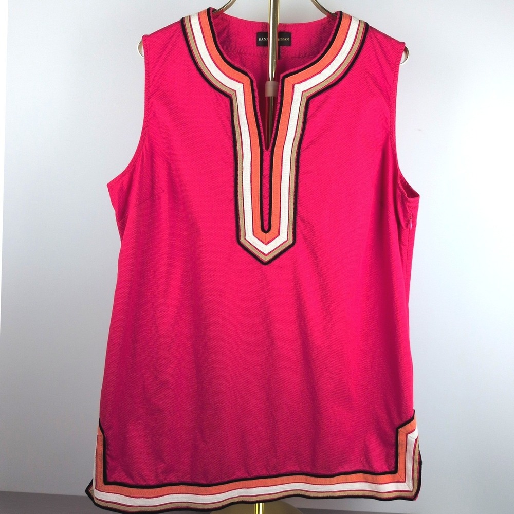 Dana Buchman Women XL Tunic Top Pink Sleeveless Embroidered Split Neck Cotton